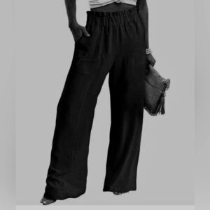 Black Linen Viscose Blend Wide Leg Pants Front Pockets Size M #J16
